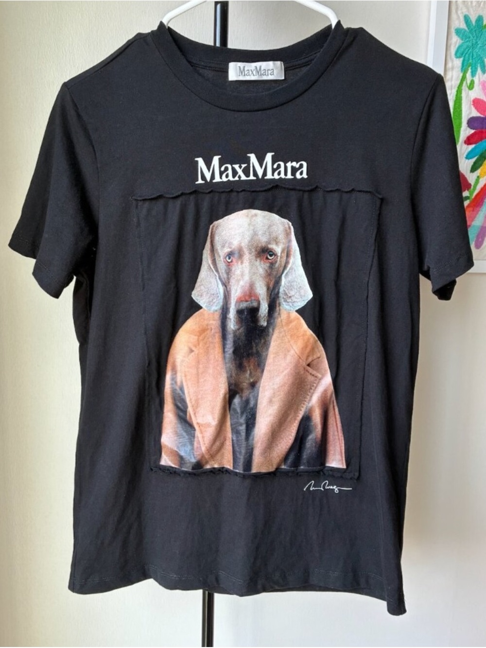 MaxMara Black Graphic Short Sleeve Tee with Brown Dog Print